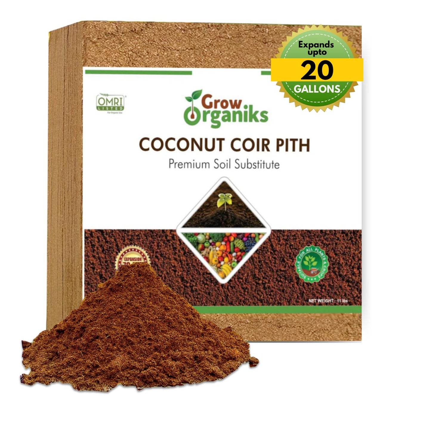 Coco Coir Pith,Coco Peat Brick/Block -11 Lbs, OMRI Listed for Organic Use, Expansion Between 70-75L,Universal Potting Substrate for All Plants & Crops