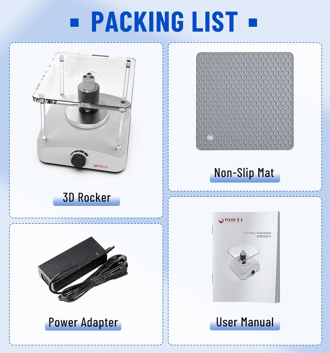 FOUR E'S SCIENTIFIC Lab Shaker, 3D Shaker Compact Rotator Shaker with Adjustable Speed 0-100RPM, 0-8° Tilt Angle, Lab Shaker with Undulating 3D Motion, Non-Slip Mat, Max. Capacity 2KGS