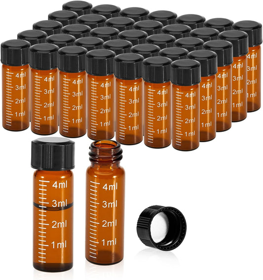 FOUR E'S SCIENTIFIC 100 Pack 4ml Glass Graduated Vials, 1 Dram Amber Small Sample Vials with Plastic Screw Caps Borosilicate Glass Sample Bottles for Liquid Powder Storage