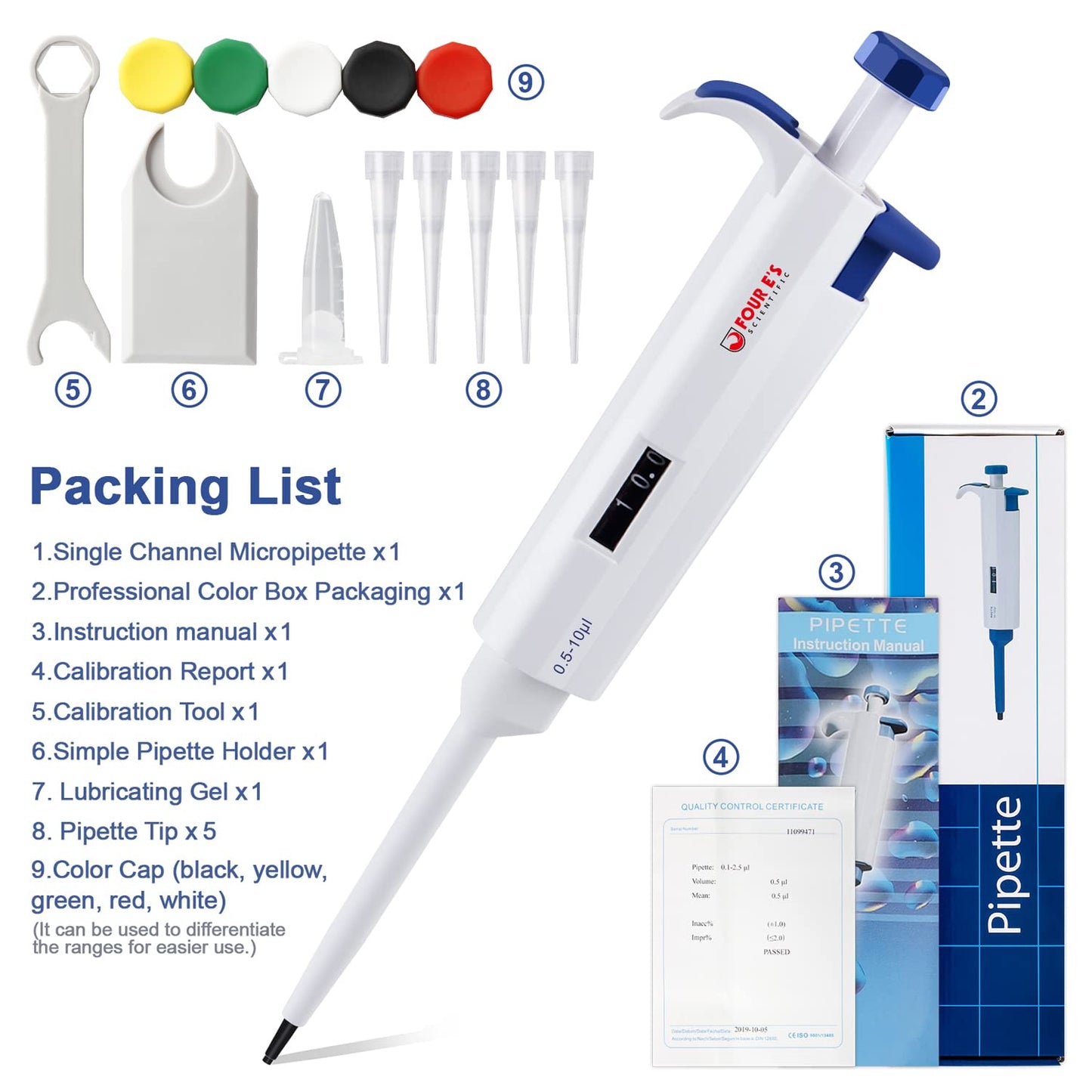 FOUR E'S SCIENTIFIC 1-10ML Single-Channel Pipettor Adjustable Variable Volume Micropipette High Accurate Pipettor for Laboratory