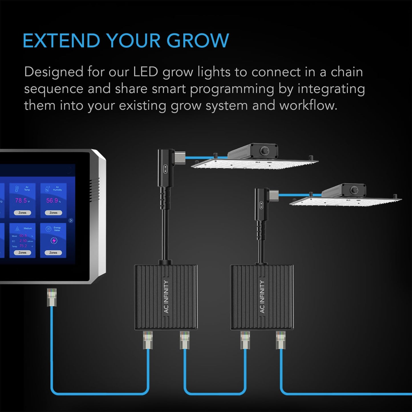 AC Infinity RJ11 2-in-1 Daisy Chaining Adapter Dongle, L-Shaped Sequential Connection Cable Cord, Right Angle Piggyback Connector for UIS LED Grow Lights