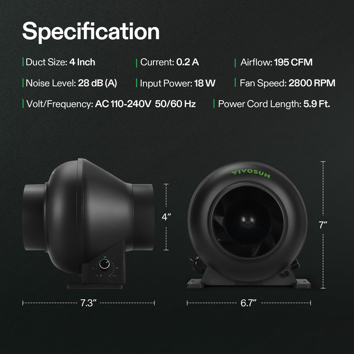 VIVOSUN D4 4 Inch 195 CFM Inline Duct Ventilation Fan HVAC Vent Blower for Hydroponics Grow Tent