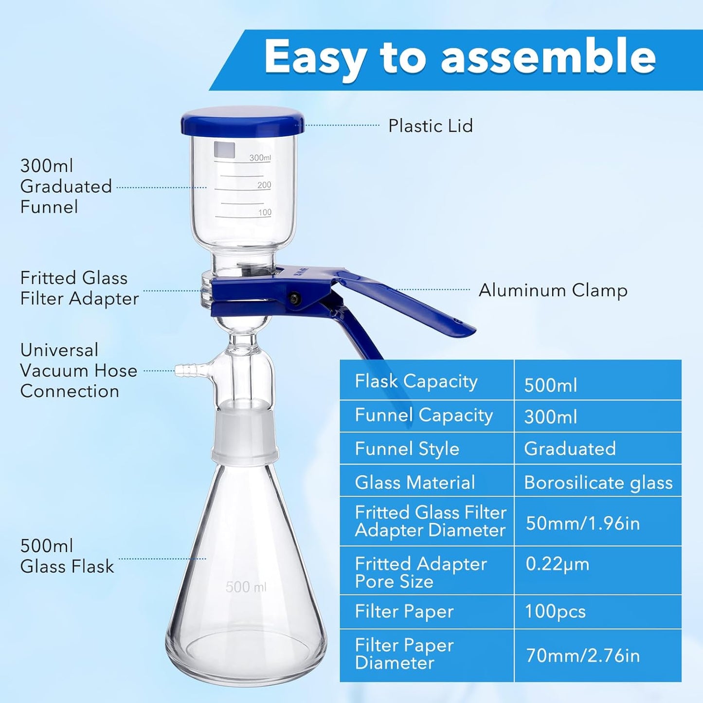 FOUR E'S SCIENTIFIC 500 mL Lab Vacuum Filtration Distillation Apparatus, Filtering Kit with 500ml Glass Vacuum Flask, 300ml Graduated Funnel, 100 Pcs Filter Paper