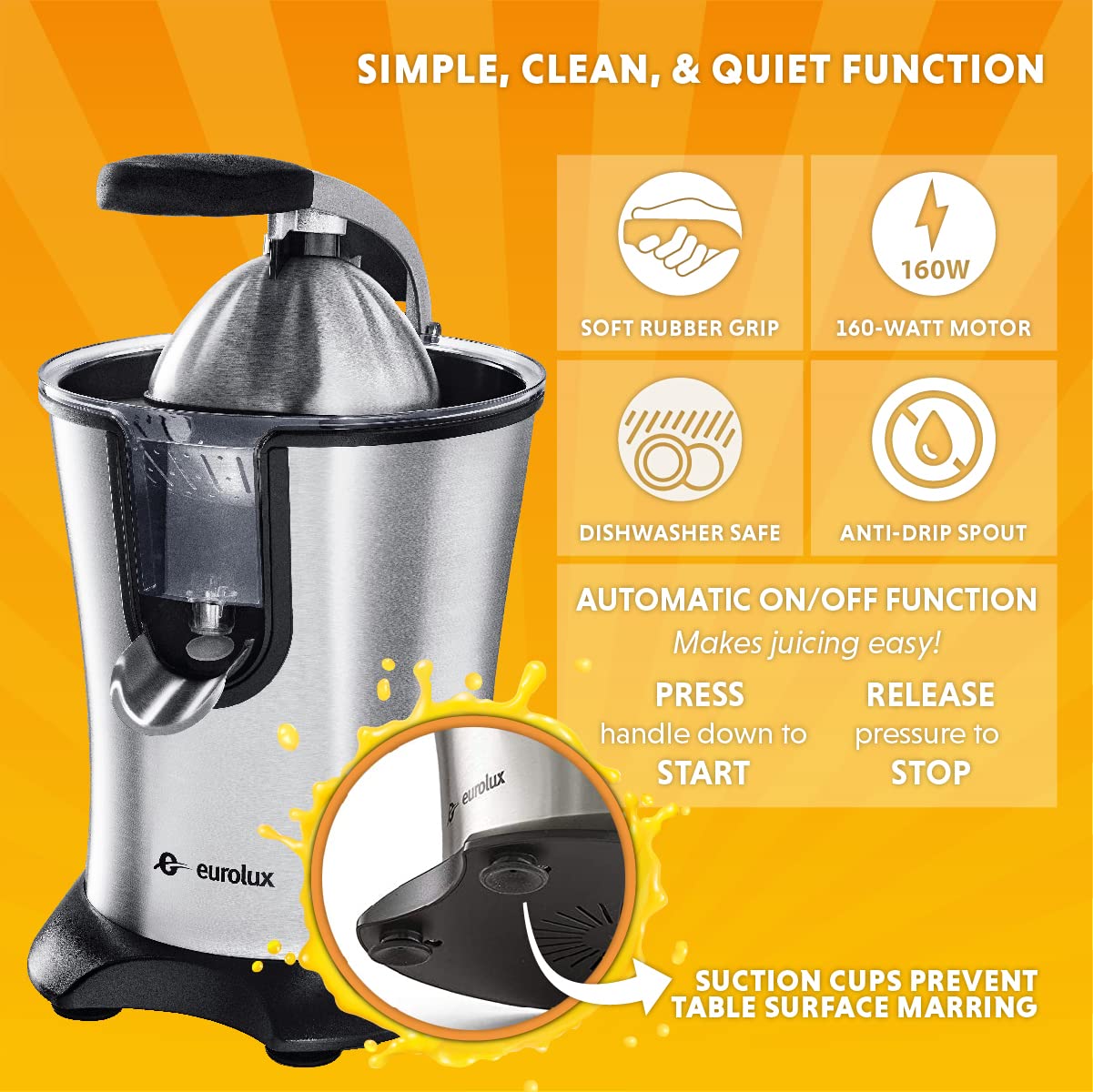 Eurolux Premium Electric Orange Juicer | Stainless Steel Citrus Squeezer With New Ultra-Powerful Motor and Soft Grip Handle for Effortless Juicing, Auto Shutoff, Dishwasher-safe Parts, Pulp Control