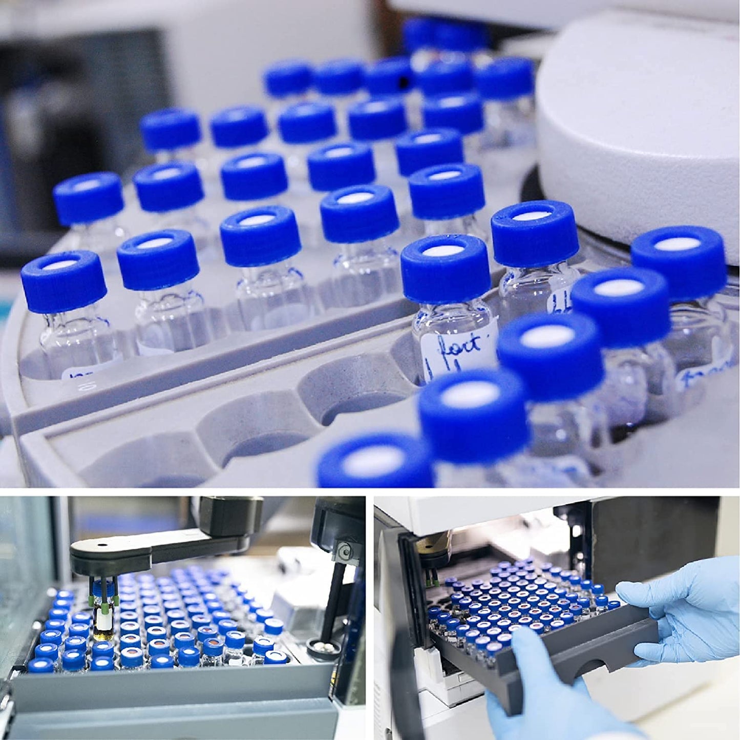 FOUR E'S SCIENTIFIC 2ml Autosampler Vials 1000 Pack - HPLC Vial | 9-425 Amber Vial with Blue Screw Caps | Writing Patch | Graduation | White PTFE & Red Silicone Septa Fit for LC Sampler