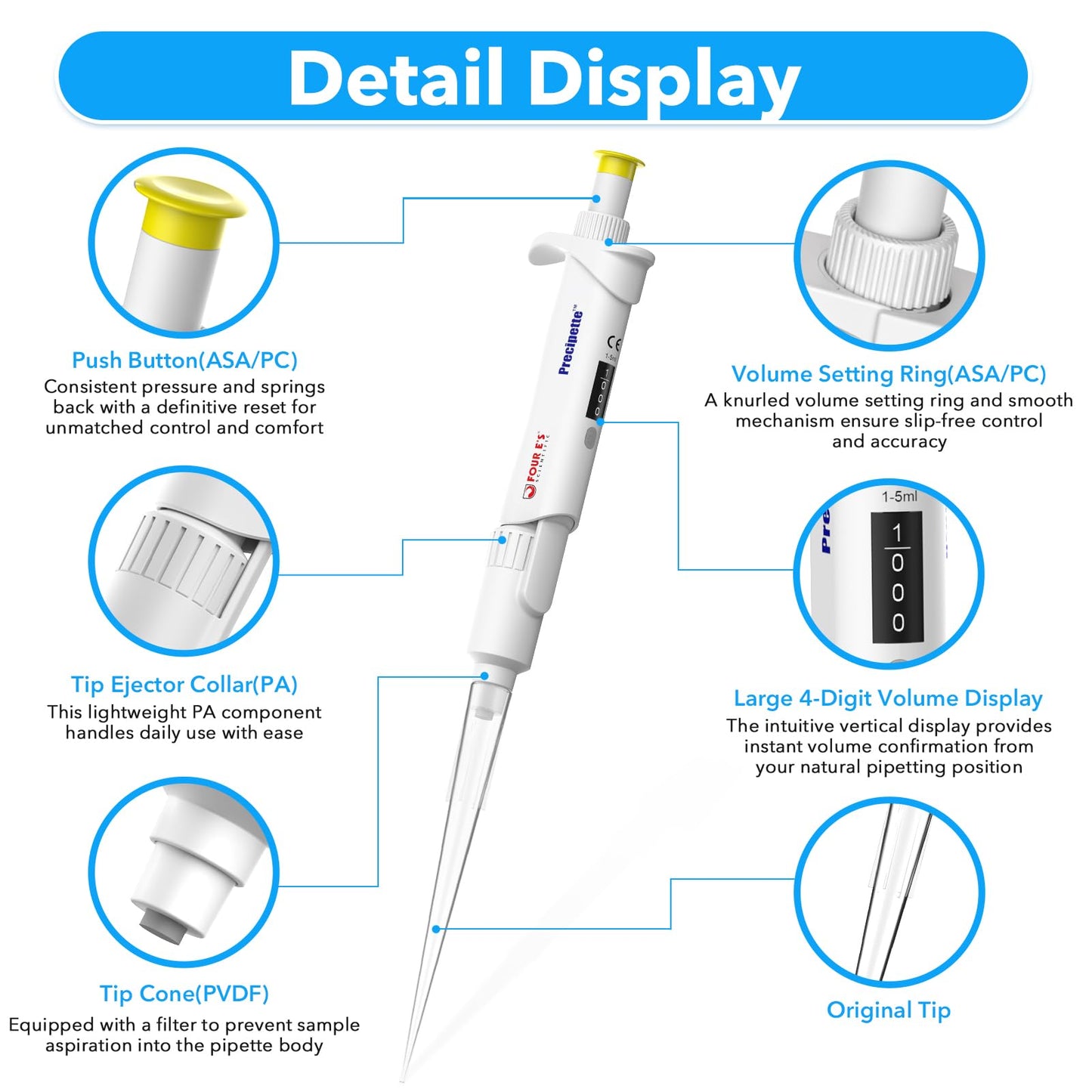 FOUR E'S SCIENTIFIC 20-200μL Pipette, Professional Single-Channel Pipettor Lightweight High Accurate Adjustable Variable Volume Micro Pipette with Calibration Certificate (Model LH0301006)