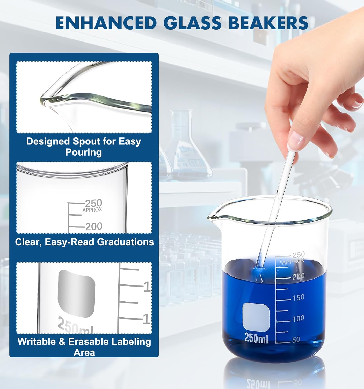 FOUR E'S SCIENTIFIC Glass Beaker Set 50/100/250/500 ml, Glass Graduated Cylinder 5/10/25/50 ml, 2 Stirring Rods