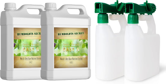 Humboldts Secret A & B Liquid Hydroponics Fertilizer - Nutrients for Outdoor, Indoor Plants (1 Gallon) w/ 2-Pack 100:1 Garden Hose End Sprayer | Multipurpose Reusable Bottles (32oz)