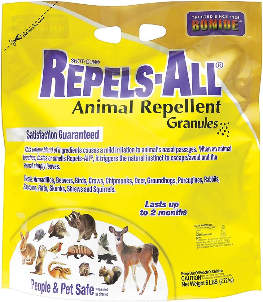Bonide Repels-All Animal Repellent Granules, 3 lbs. Ready-to-Use Deer & Rabbit Repellent, Deter Pests from Lawn & Garden