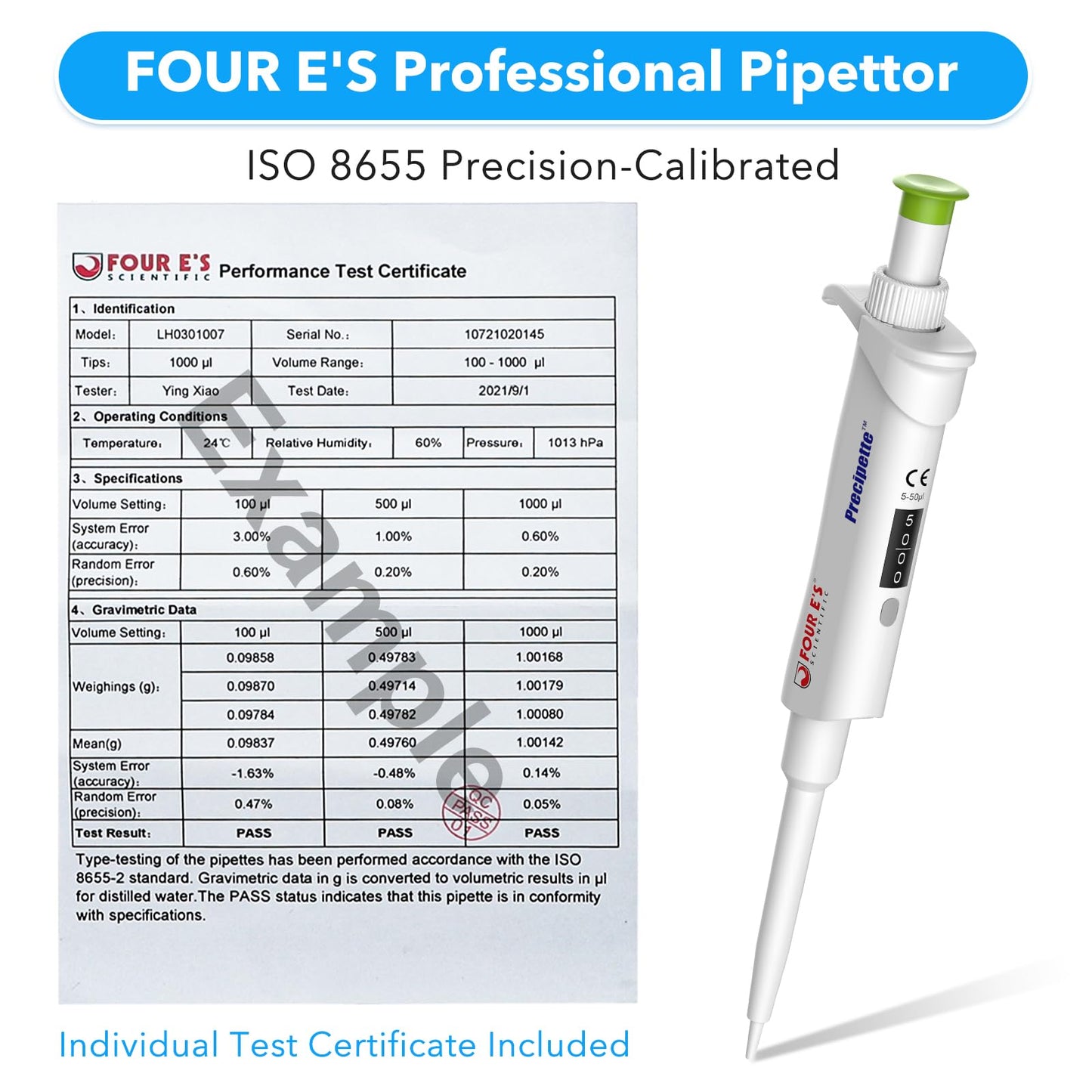 FOUR E'S SCIENTIFIC 20-200μL Pipette, Professional Single-Channel Pipettor Lightweight High Accurate Adjustable Variable Volume Micro Pipette with Calibration Certificate (Model LH0301006)