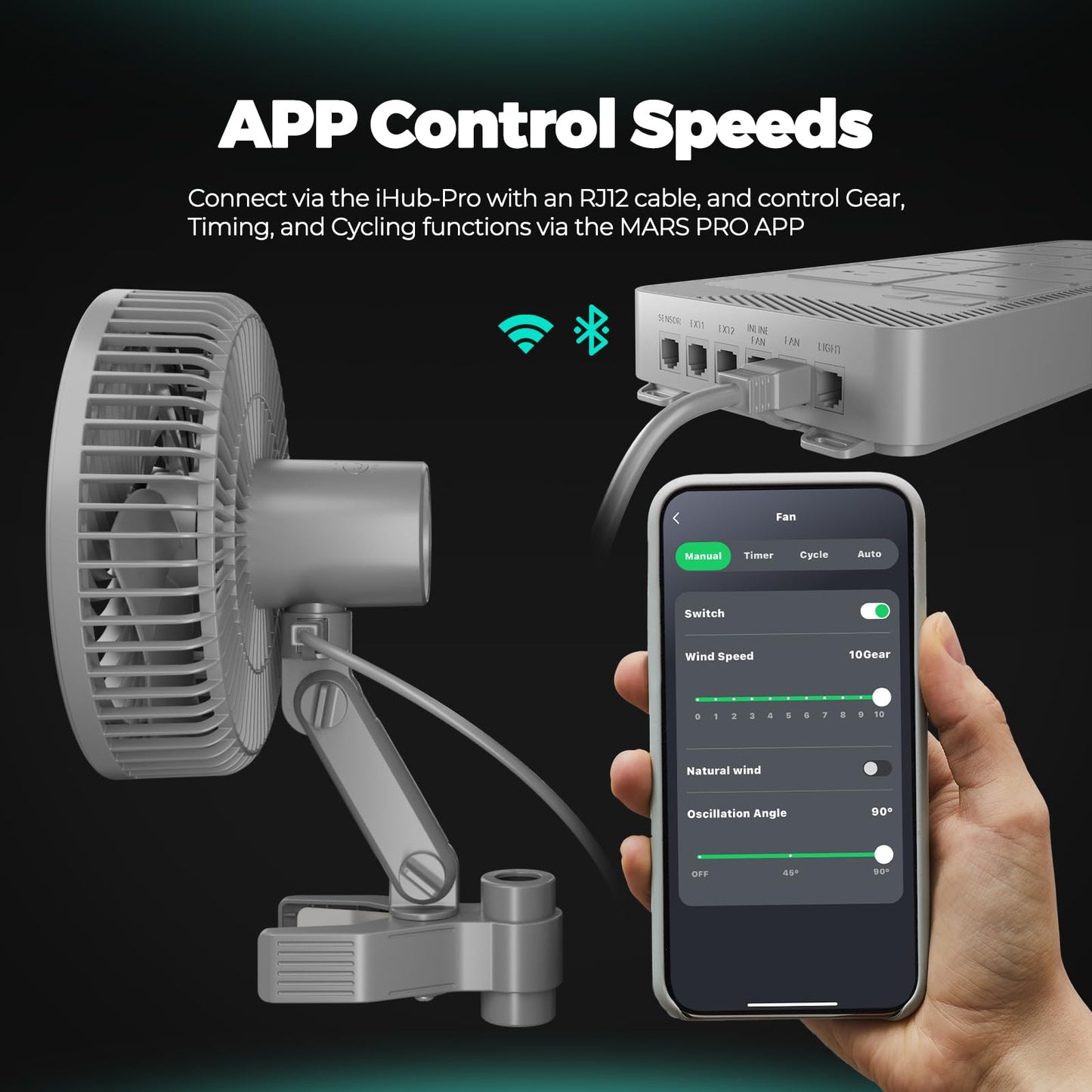 Mars Hydro M6 Grow Tent Fan, 10 Speeds Powerful Oscillating Clip Fan with Low Noise for Hydroponic Plants and Ventilation Circulation with Convenient APP/WiFi Control