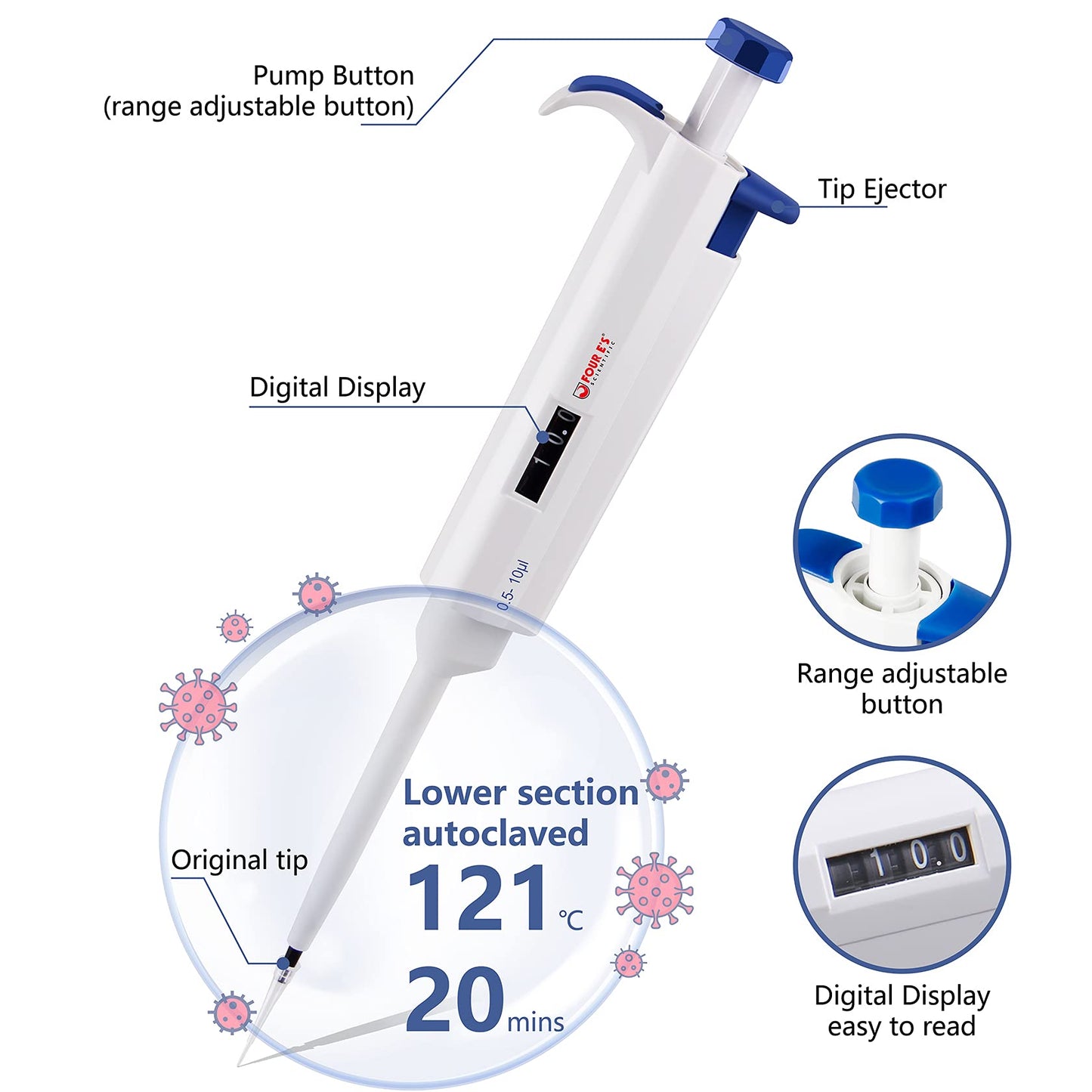 FOUR E'S SCIENTIFIC 100uL-1000uL High-Accurate Single-Channel Manual Adjustable Variable Volume Pipettes