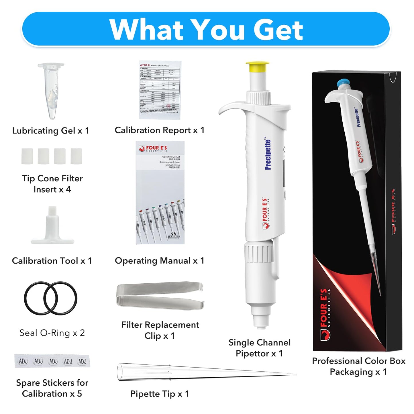 FOUR E'S SCIENTIFIC 20-200μL Pipette, Professional Single-Channel Pipettor Lightweight High Accurate Adjustable Variable Volume Micro Pipette with Calibration Certificate (Model LH0301006)