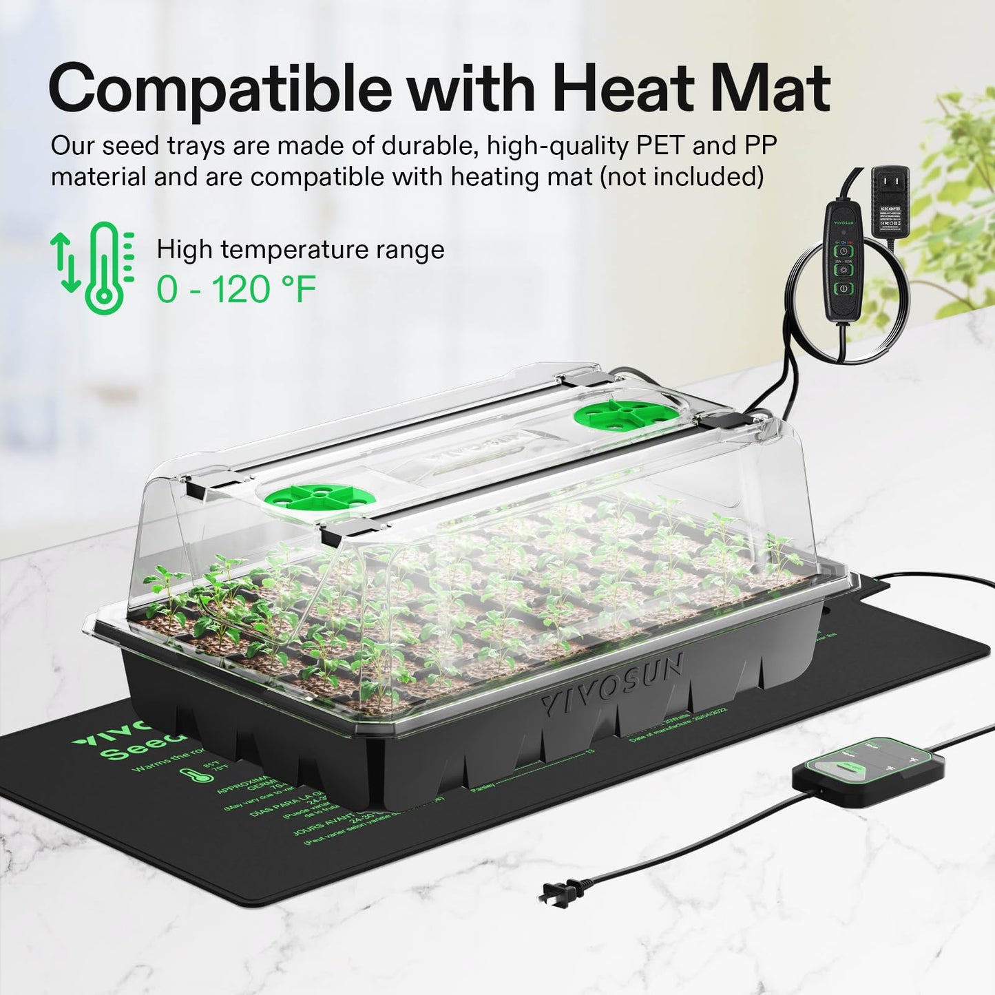 VIVOSUN 1-Pack 40-Cell Seed Starter Trays with 1 Set of LED Lights and 10"x20.75" Seedling Heat Mat, 3.6" Higher Cover, Adjustable Vents, Drainage Holes, Green Propagation Tray for Planting Seeds