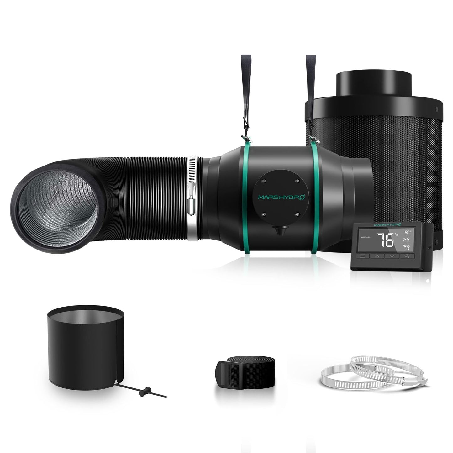 MARS HYDRO 4 Inch Inline Fan and Filter, with Temperature and Humidity Controller, and 25 Feet Ducting, Exhaust Fan for Grow Tents, Hydroponics