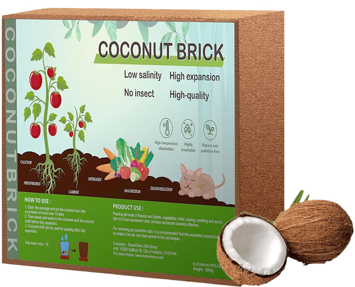 Premium Coco Coir Brick, 1.4Lb High Nutrinent Compressed Coconut Soil, OMRI 100% Organic Low EC & PH Balanced Potting Soil for All Plants Gardening, Hydroponics and Reptile Substrate (650G x 2)