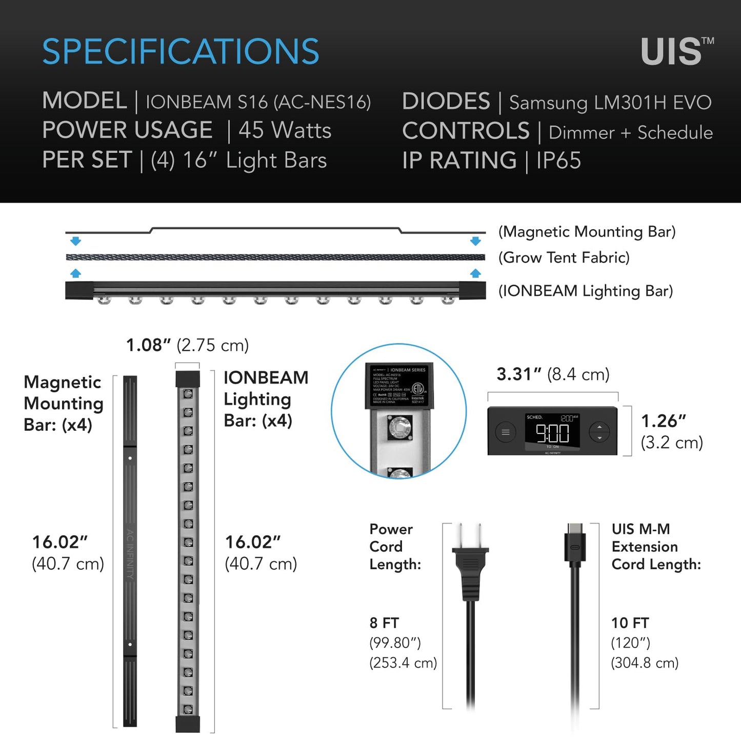 AC Infinity IONBEAM S16, Full Spectrum LED Grow Light Bars 16”, Deeper Penetration Samsung LM301H EVO Diodes and Digital Dimming Timer Controller, for Veg Bloom Indoor Plants, Grow Tents, Greenhouses