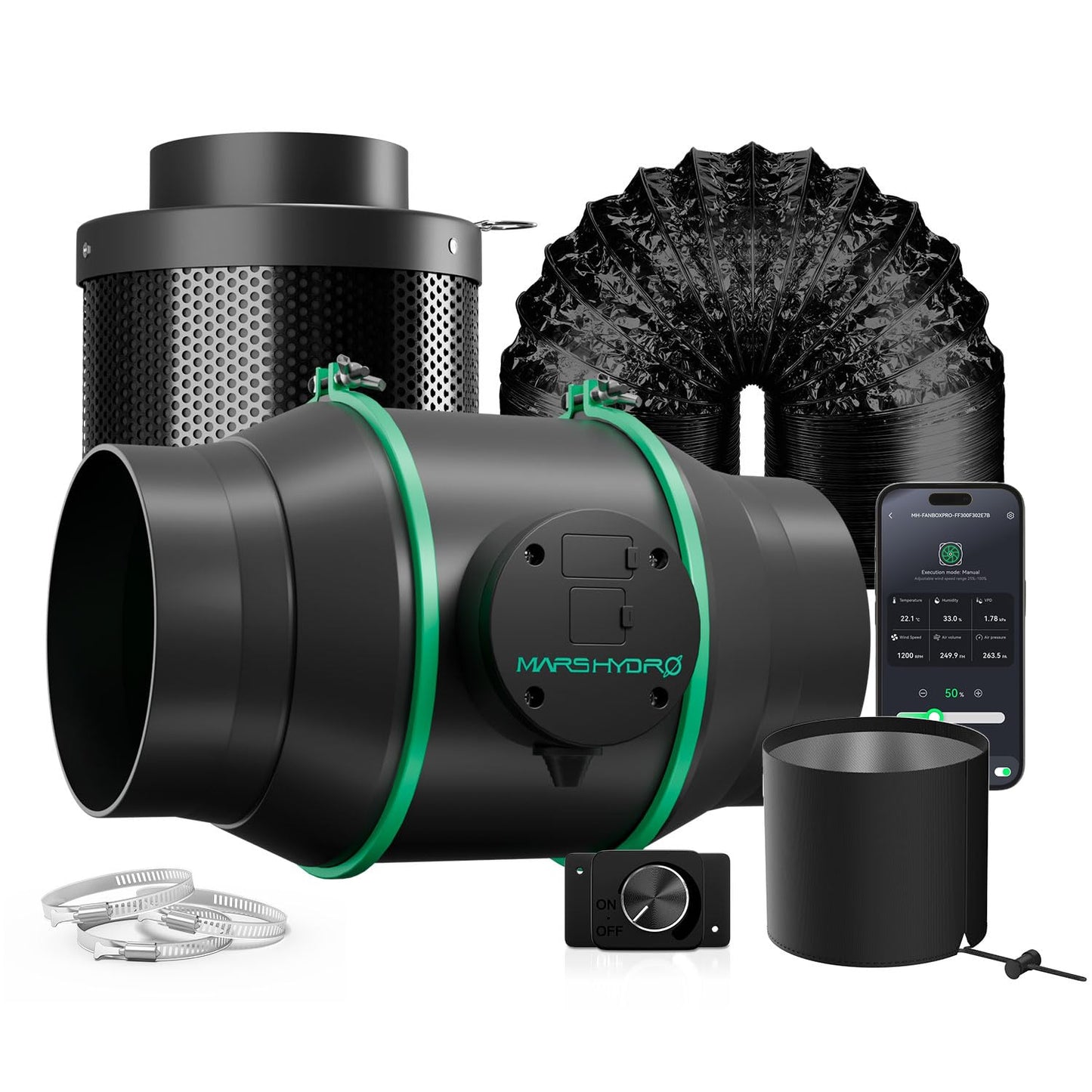 Mars Hdyro 2025 New Version iFresh 6 Inch Smart Inline Duct Fan with Variable Speed Controller, 402 CFM App Control Ventilation Exhaust Fan for Grow Tents, Hydroponics
