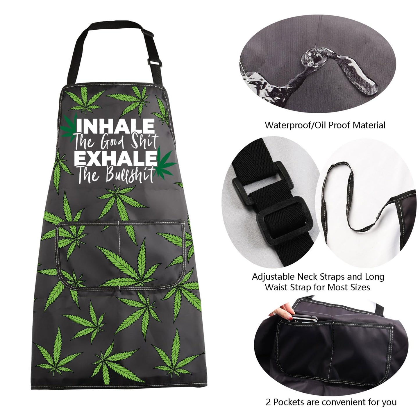 MBMSO Weed Apron with Pockets Inhale the Good Shit Exhale the Bullshit Marijuana Leaf Apron Cannabis Aprons Weed Lovers Gifts