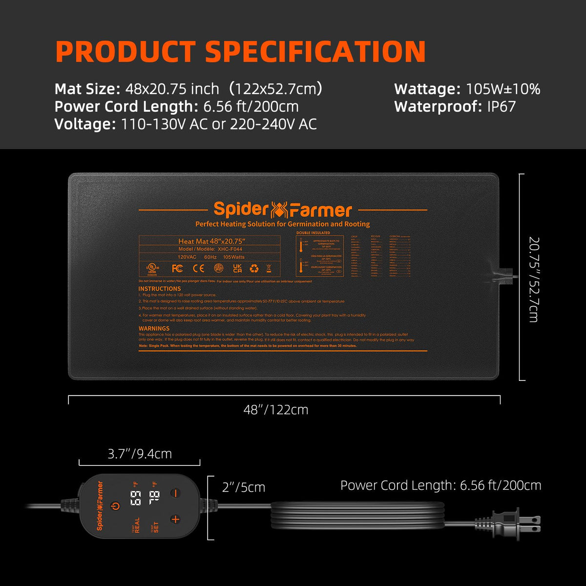 Spider Farmer 10"x20.75" Seedling Heat Mat with Built-in Thermostat