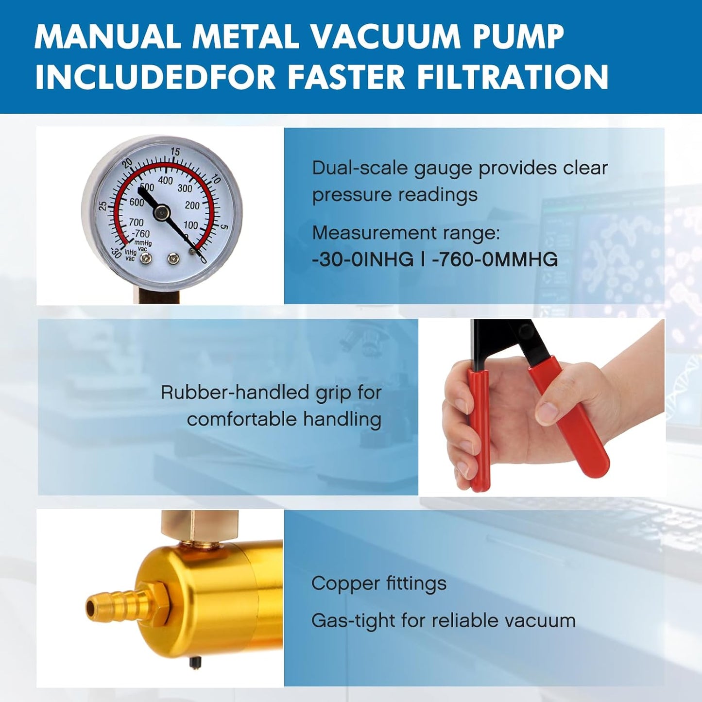 FOUR E'S SCIENTIFIC 500mL Buchner Funnel Filtering Kit with Hand-held Vacuum Pump, 500mL Lab Vacuum Flask, 100 Pcs Filter Paper, Rubber Stoppers Set