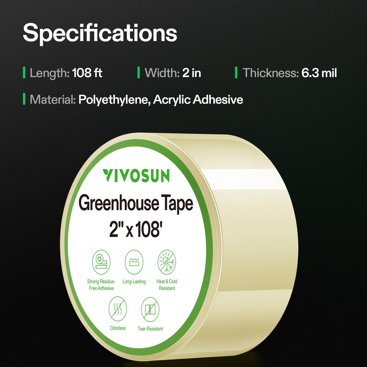 VIVOSUN Greenhouse Repair Tape, 6.3 mil 3" x 108' Weatherproof Clear Poly Patch Tape, Heavy Duty Greenhouse Sheeting Coverings Film Tape for Plastic Sheeting and Tents