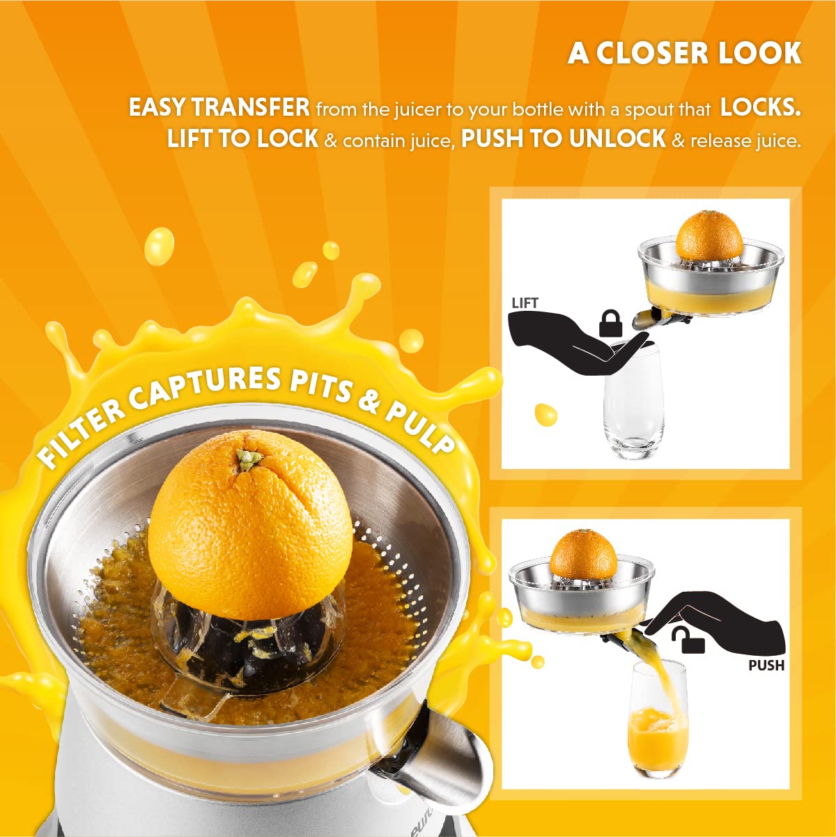 Eurolux Premium Electric Orange Juicer | Stainless Steel Citrus Squeezer With New Ultra-Powerful Motor and Soft Grip Handle for Effortless Juicing, Auto Shutoff, Dishwasher-safe Parts, Pulp Control