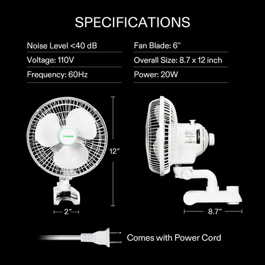 VIVOSUN AeroWave A6 Grow Tent Clip Fan, Patented Portable Auto Oscillating Fan 6” with 2-Speed, Strong Airflow but Low Noise, and Fully-Adjustable Tilt for Hydroponic Ventilation, White, 1-Pack