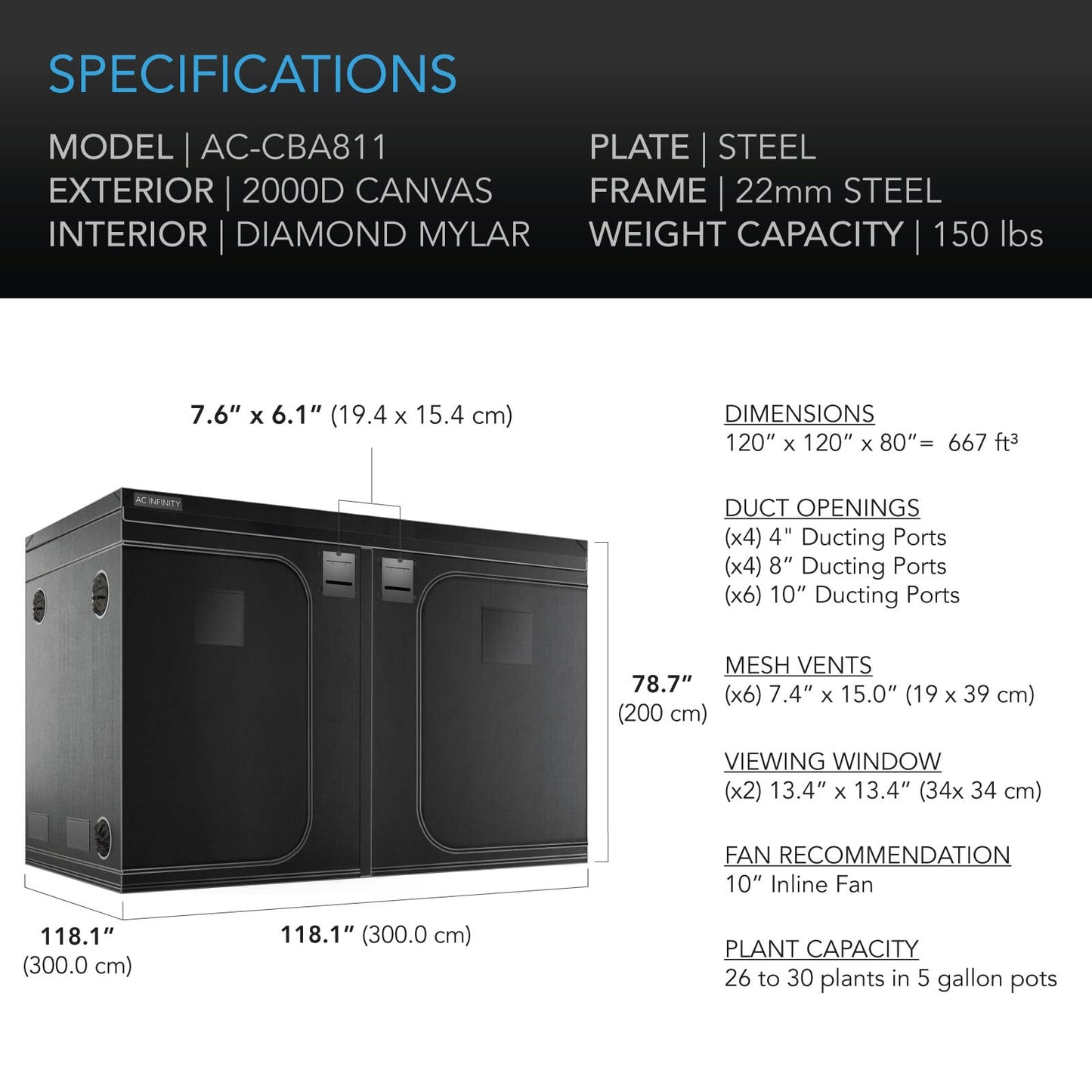 AC Infinity CLOUDLAB 816 Advance Grow Tent, 120"x60"x80" Thickest 1 in. Poles, Highest Density 2000D Diamond Mylar Canvas, 10x5 for Hydroponics Indoor Growing