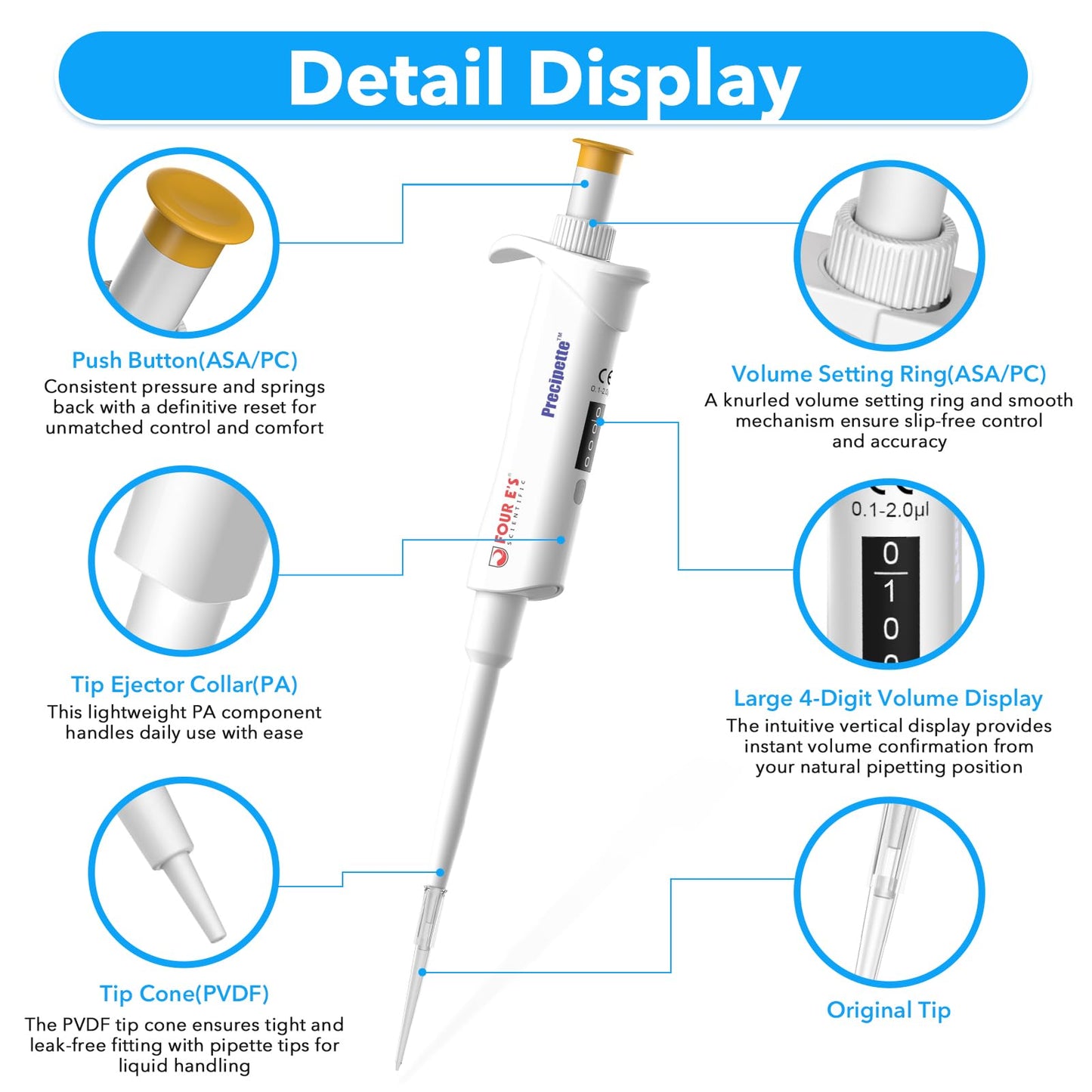 FOUR E'S SCIENTIFIC 20-200μL Pipette, Professional Single-Channel Pipettor Lightweight High Accurate Adjustable Variable Volume Micro Pipette with Calibration Certificate (Model LH0301006)