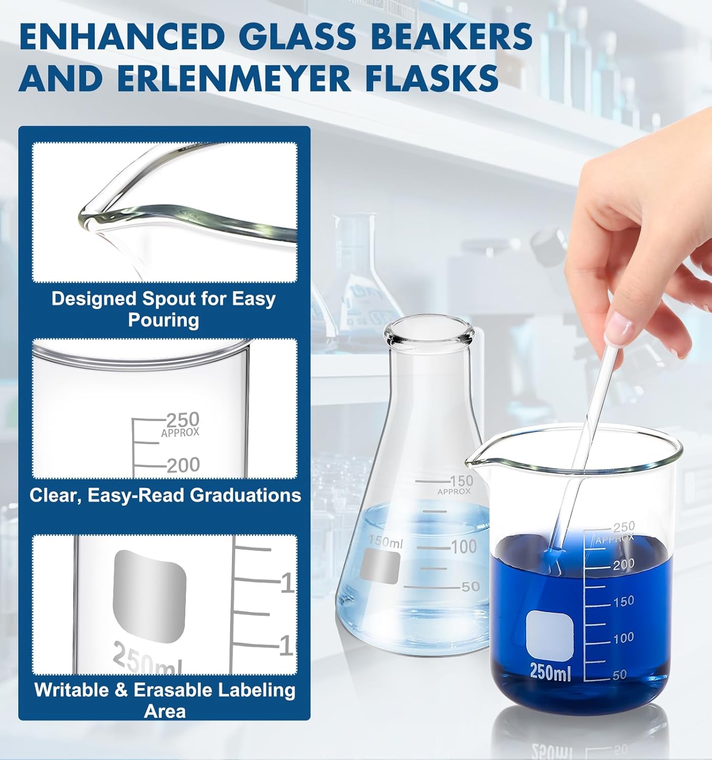 FOUR E'S SCIENTIFIC Glass Beaker Set 50/100/250/500 ml, Glass Flask 50/100/150/250 ml, Graduated Cylinder 10/25/50/100ml, 1 Brush, 2 Droppers, and 4 Stirring Rods