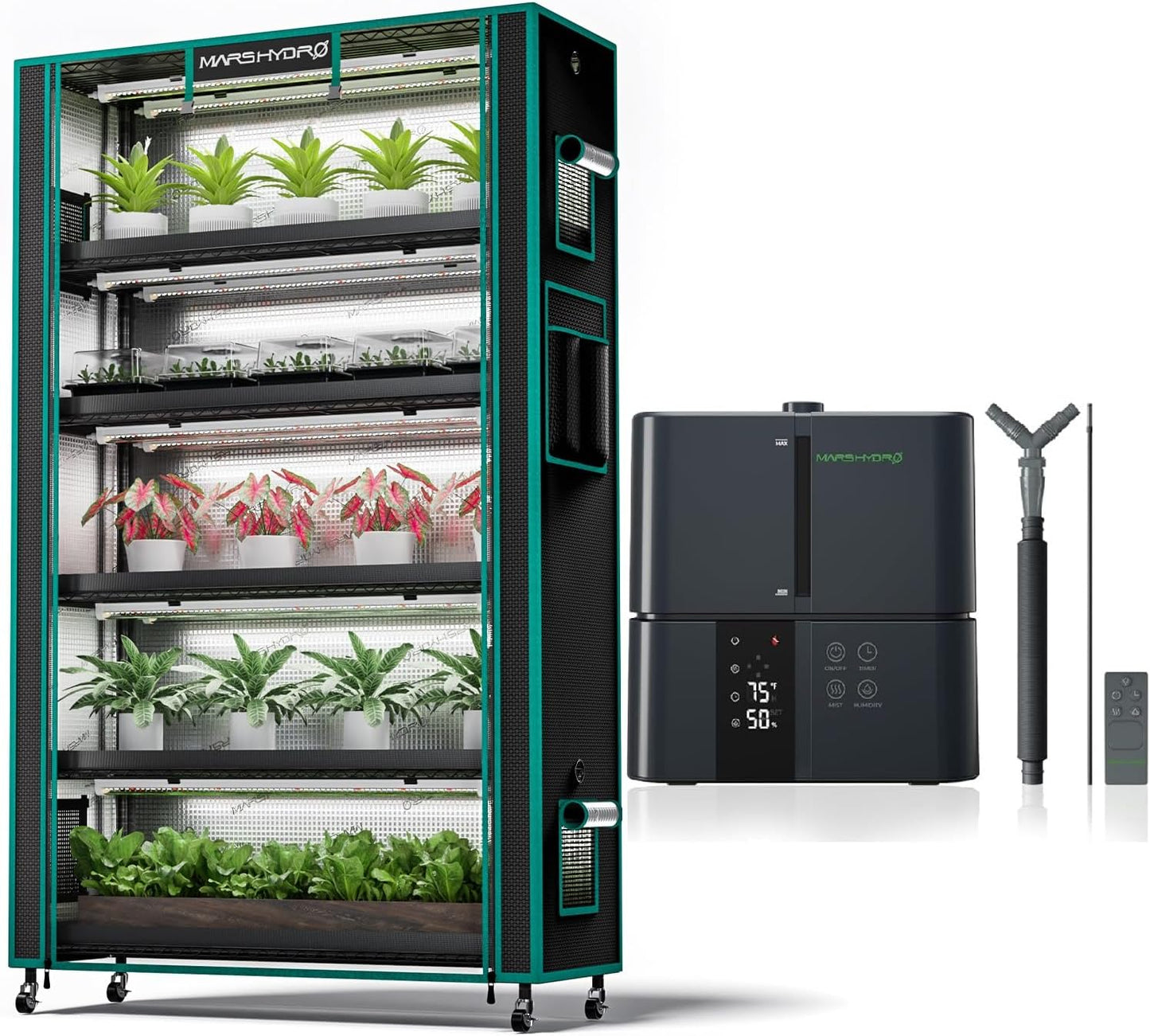 MARS HYDRO Humidifier 5L+MARS HYDRO 2025 Plant Stand with Grow Lights,6-Tier Plant Shelf with 10 Full Spectrum LED Lamps (225W, 3ft) & Grow Tent