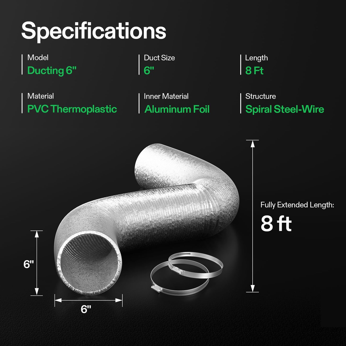 VIVOSUN 4 Inch 25 Feet Flex Air Aluminum Duct for Ventilation, 2 Clamps Included, Long Heavy-Duty Multi-Layer Dryer Hose Vent Kit, Duct Fan Systems