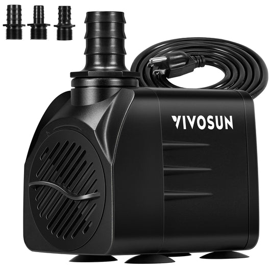 VIVOSUN 480GPH Submersible Pump(1800L/H, 25W), Ultra Quiet Water Pump with 7.2ft High Lift, Fountain Pump with 5ft Power Cord, 3 Nozzles for Fish Tank, Aquarium, Statuary, Hydroponics Black