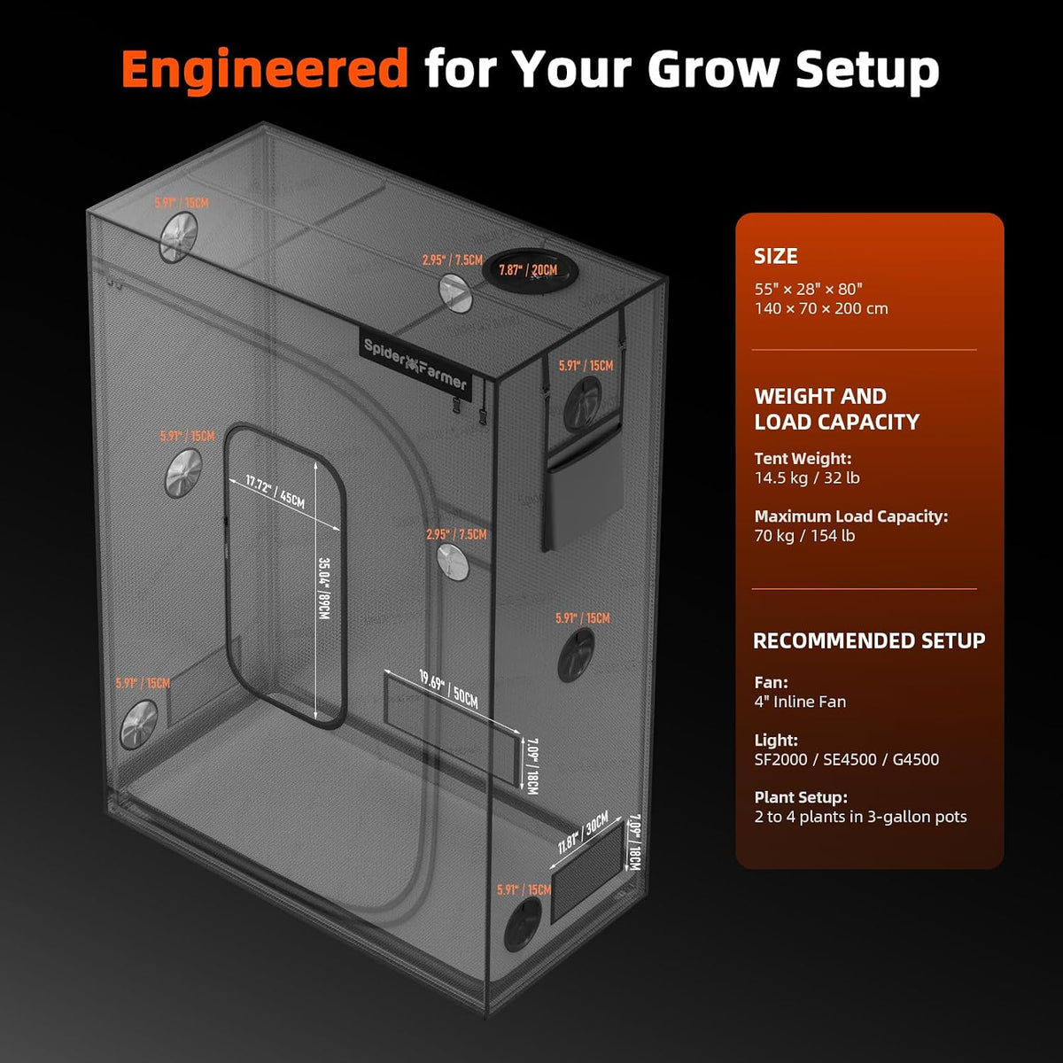 Spider Farmer Mater Series 4.6x2.3 Grow Tent 55"x28"x80" for Indoor Growing