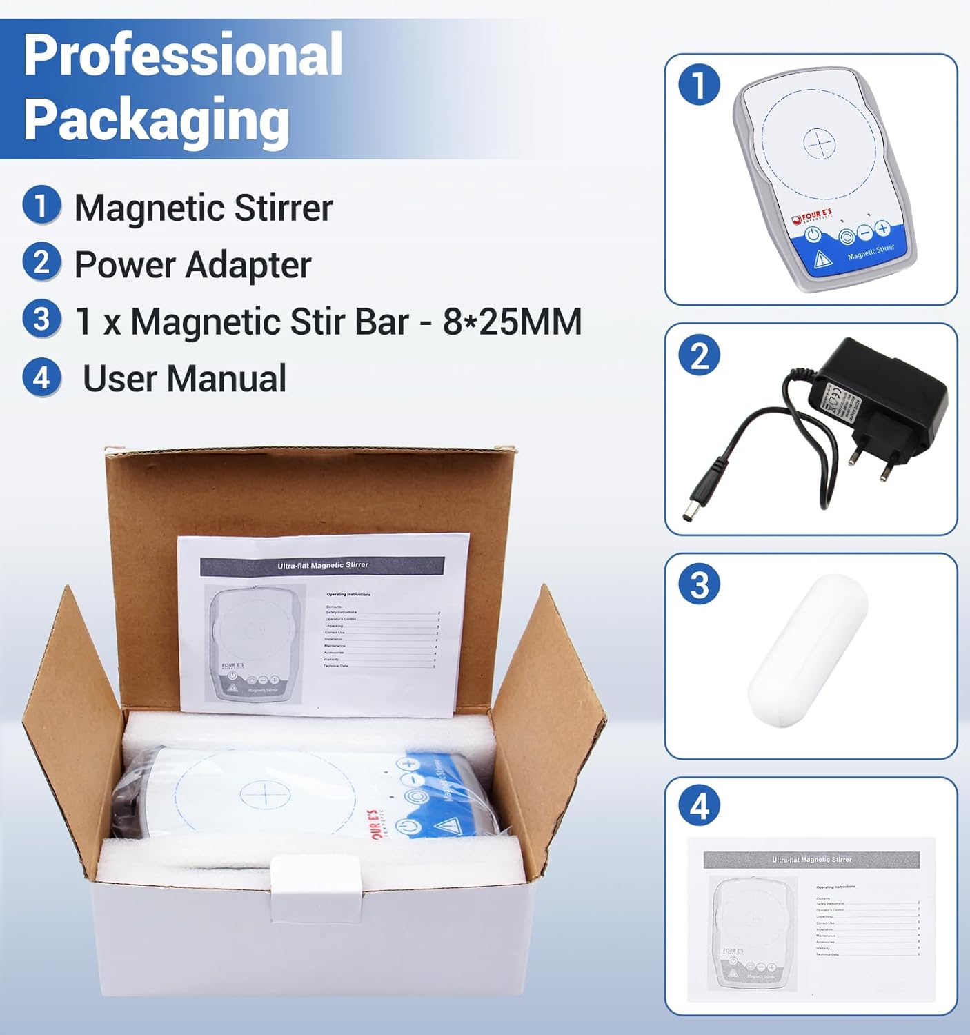 FOUR E'S SCIENTIFIC Ultra-Flat Magnetic Stirrer, Magnetic Stir Plate Mini Lab Stirrers 50-1500 RPM | NO Heating | 100-240 V | Max. Stirring Capacity: 800 mL