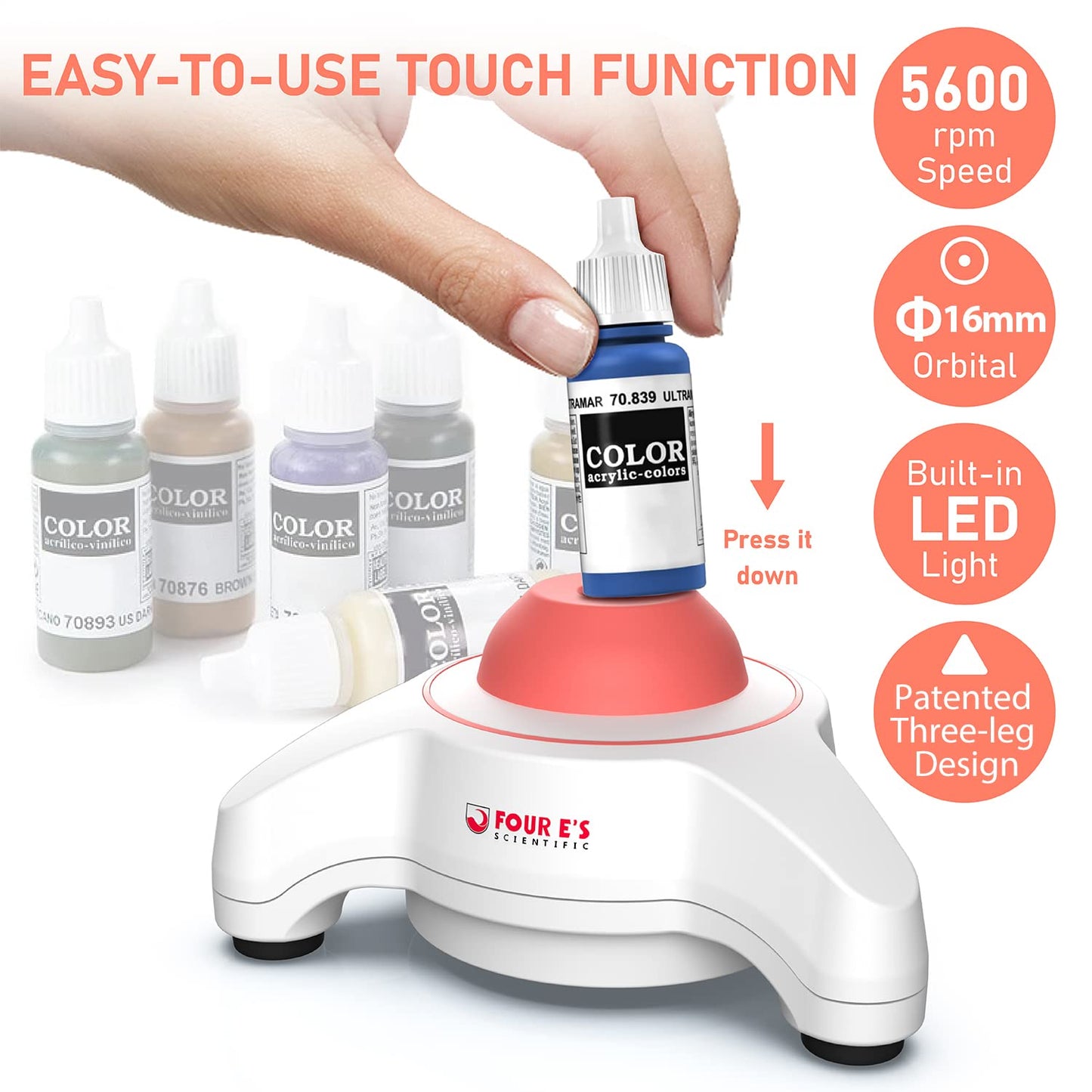 FOUR E'S SCIENTIFIC Vortex Mixer 5600rpm, Paint Mixer Touch Function, Mini Lab Vortex Shaker with an Extra Silicone Cap for Acrylic Miniature Model Paints Nail Polish Ink