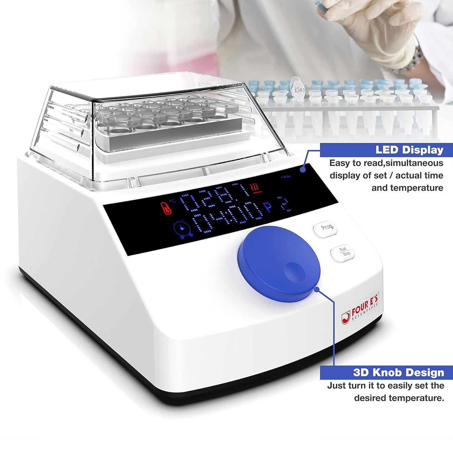 FOUR E'S SCIENTIFIC Mini Digital Dry Bath Incubator with Clear Lid, 15 x 1.5ml Heating Block with Timing Control, Up to 212℉/100℃, ± 0.5°C Accuracy