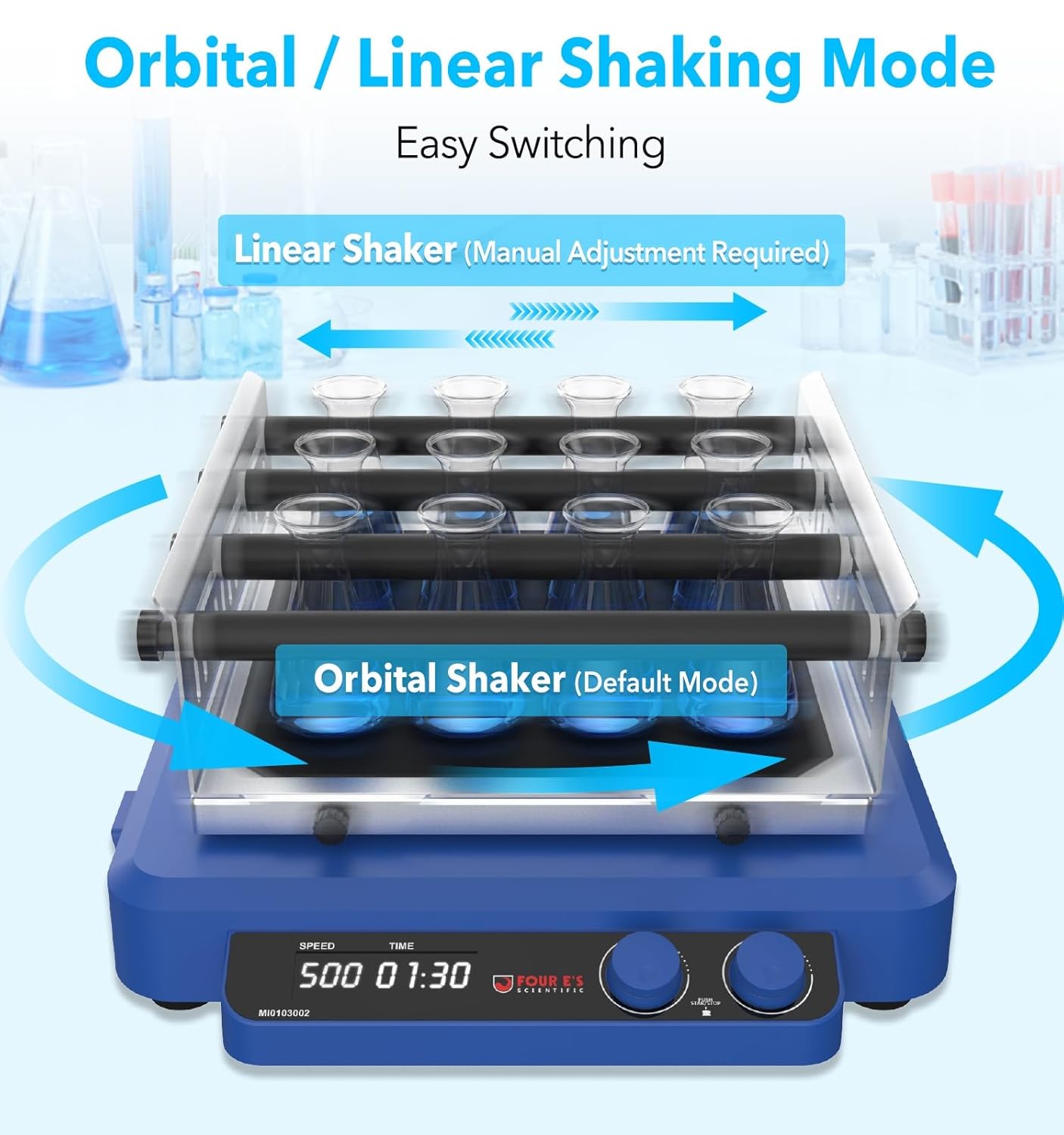 FOUR E'S SCIENTIFIC Orbital and Linear Shaker, Digital Orbital Rotator Shaker with Brushless DC Motor, 20-500 RPM Speed, Max. Load Capacity 7.5 KG