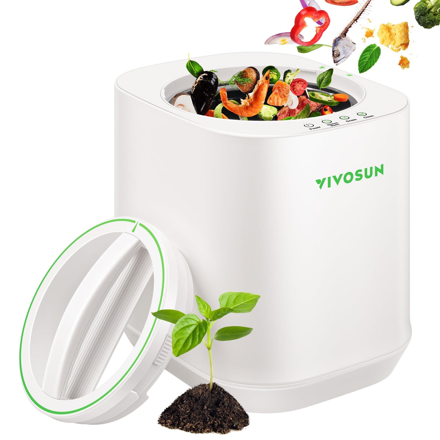 VIVOSUN 4L Electric Composter for Kitchen Indoor, Smart Compost Machine for Countertop, Odorless/Auto-Cleaning/3 Modes/Intelligent LED Display, Mill Composter Kitchen Bin Food Recycler, White