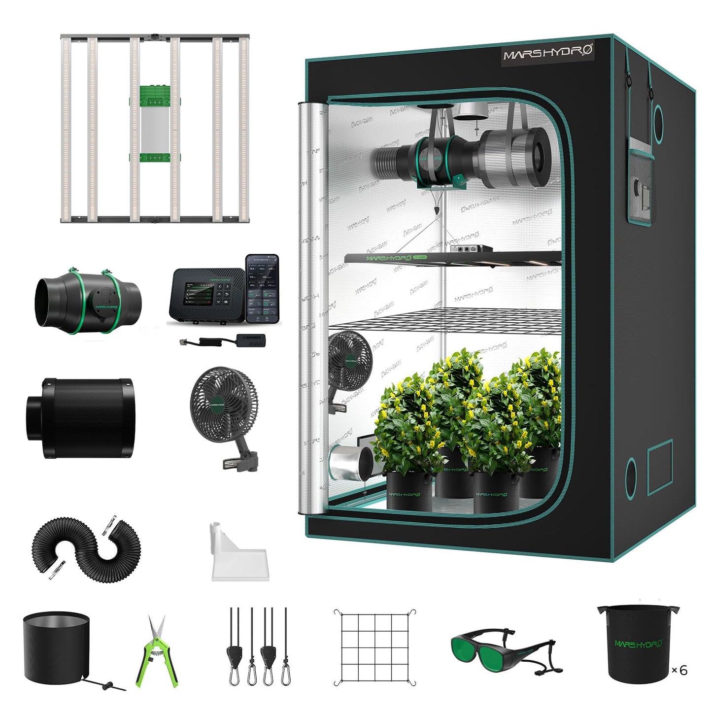 MARS HYDRO 2x2 Grow Tent Kit Complete System with 10 Speed Fan,100W TS600 LED Full Spectrum Grow Light,24"x24"x55" 1680D High Reflective Mylar Grow Tent,4 inch Smart WiFi Control Ventilation System