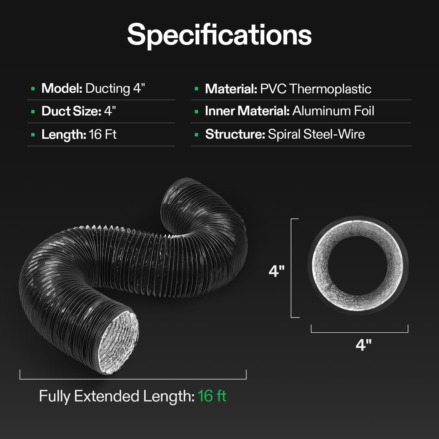 VIVOSUN 4 Inch 25 Feet Flex Air Aluminum Duct for Ventilation, 2 Clamps Included, Long Heavy-Duty Multi-Layer Dryer Hose Vent Kit, Duct Fan Systems