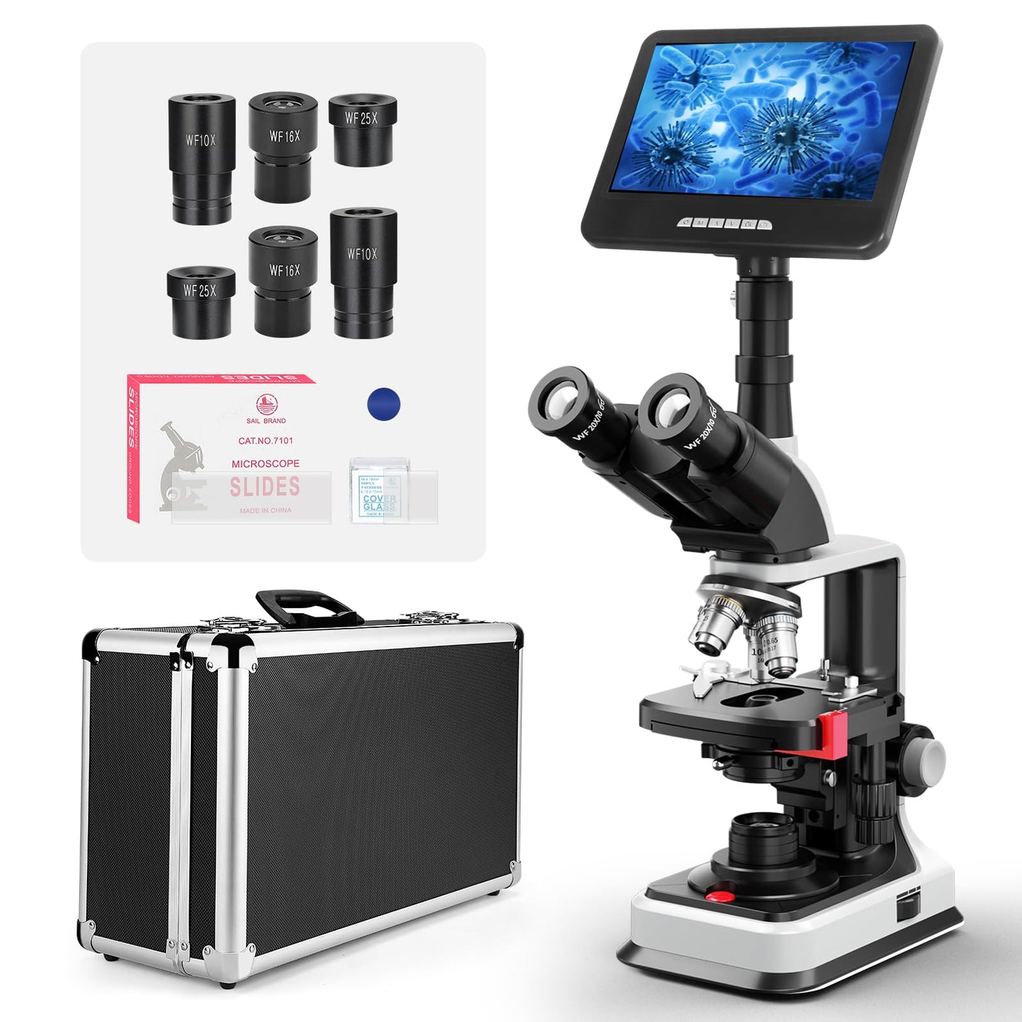 [24MP Smart Monitor] Vabiooth Lab Compound Trinocular Microscopes 40X-2500X Magnification with 7" Monitor Free Software-One Click Capturing Images & Video, Measuring Lengths, Wide-Field Eyepieces