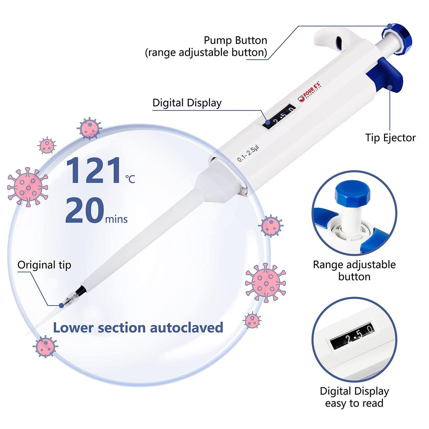 FOUR E'S SCIENTIFIC 100uL-1000uL High-Accurate Single-Channel Manual Adjustable Variable Volume Pipettes
