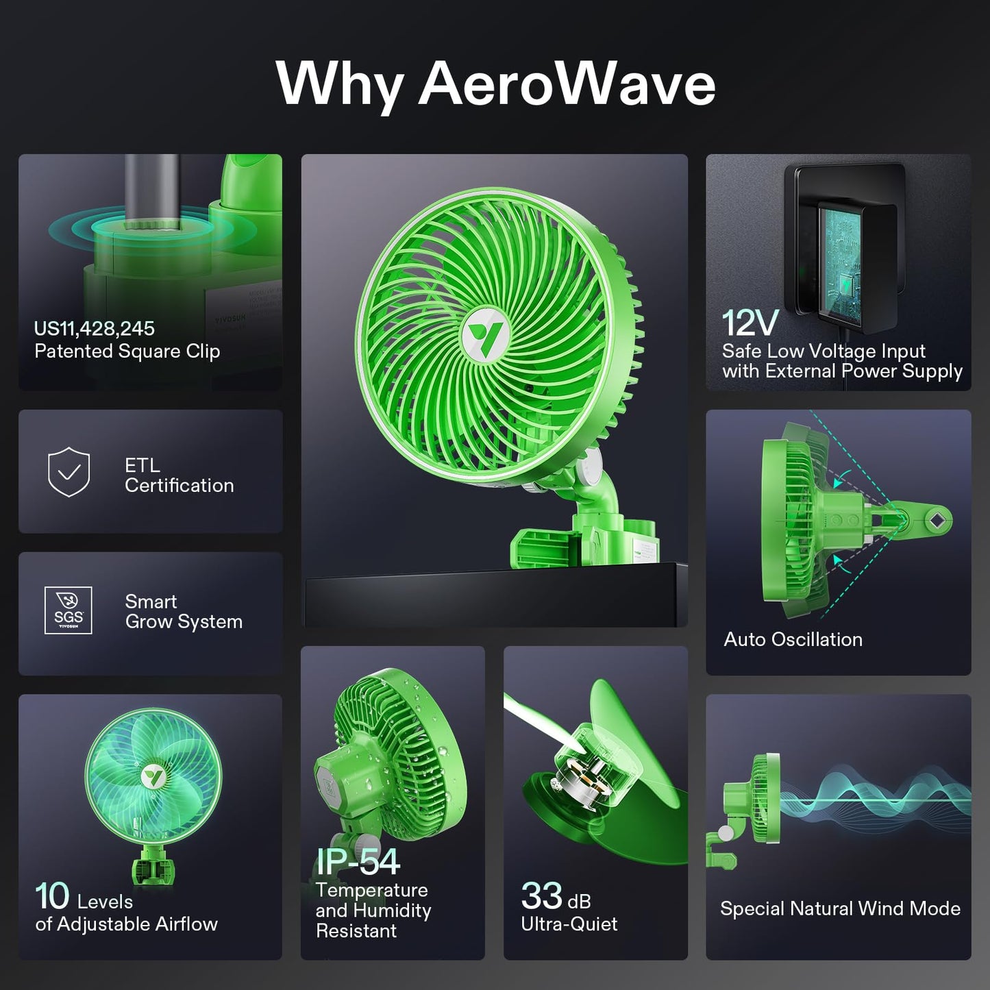 VIVOSUN AeroWave E6 Gen2, Grow Tent Clip Fan 6”, EC Motor, Smart Control, Powerful Oscillating Fan, Local Timer, Weatherproof IP54, for Hydroponics Circulation Cooling, Black