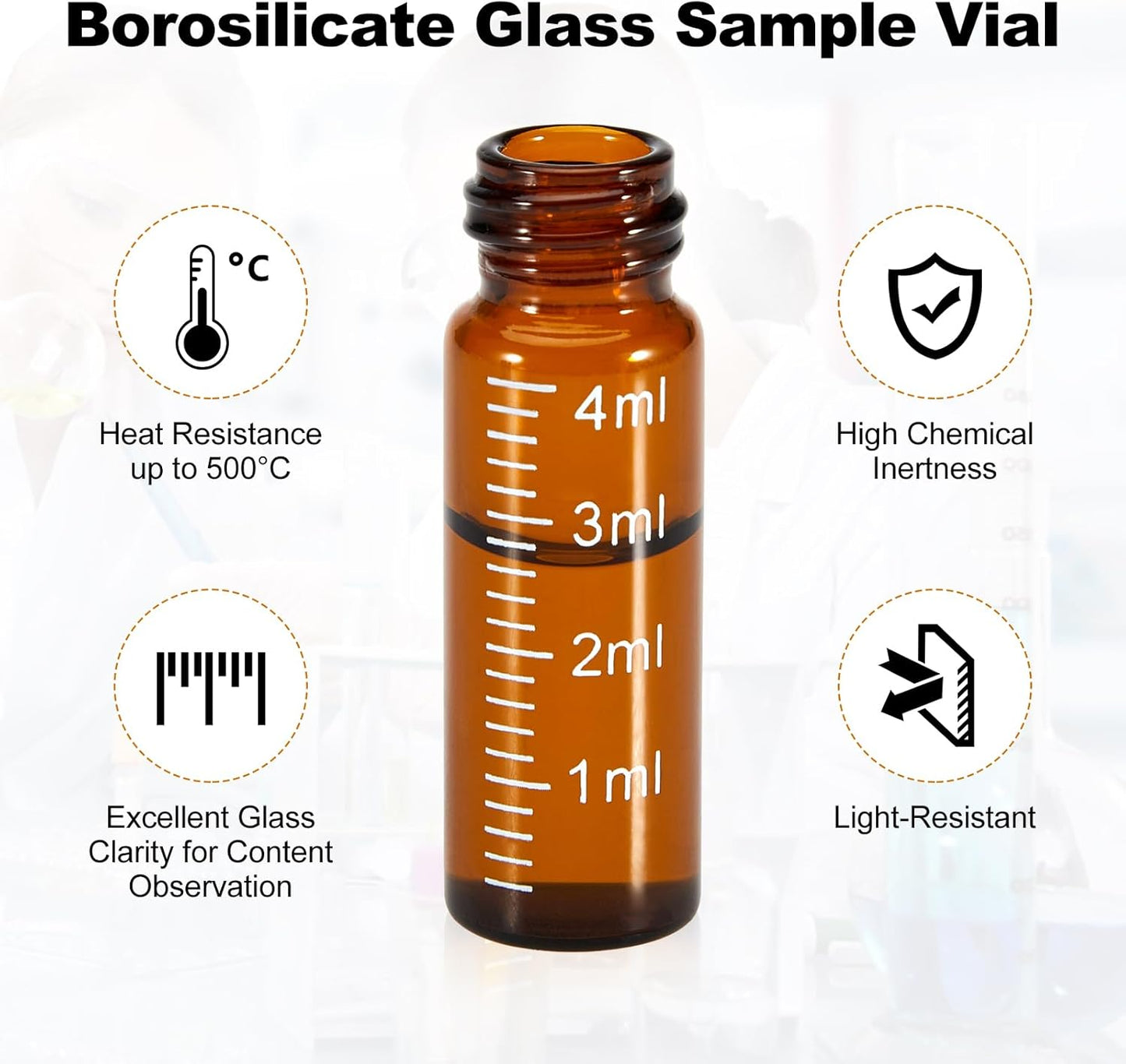 FOUR E'S SCIENTIFIC 100 Pack 4ml Glass Graduated Vials, 1 Dram Amber Small Sample Vials with Plastic Screw Caps Borosilicate Glass Sample Bottles for Liquid Powder Storage
