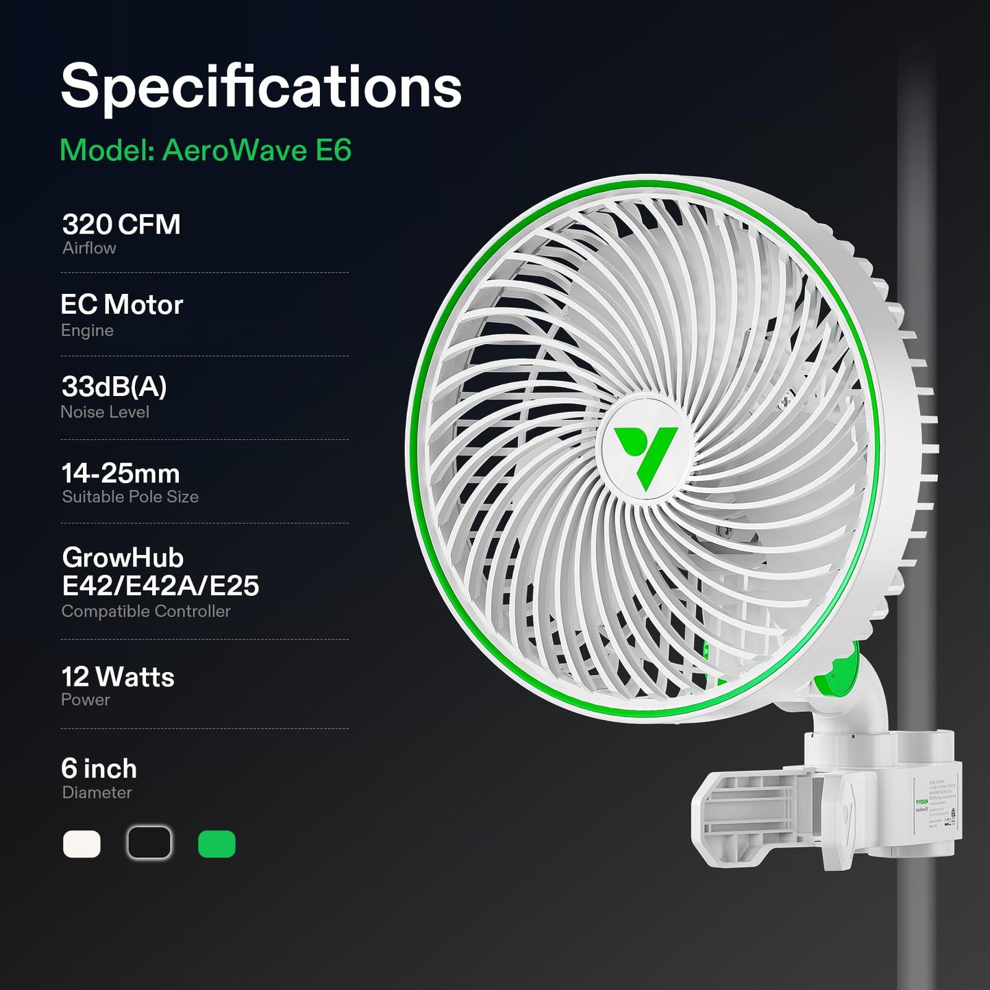 VIVOSUN AeroWave E6 Gen2, Grow Tent Clip Fan 6”, EC Motor, Smart Control, Powerful Oscillating Fan, Local Timer, Weatherproof IP54, for Hydroponics Circulation Cooling, Black