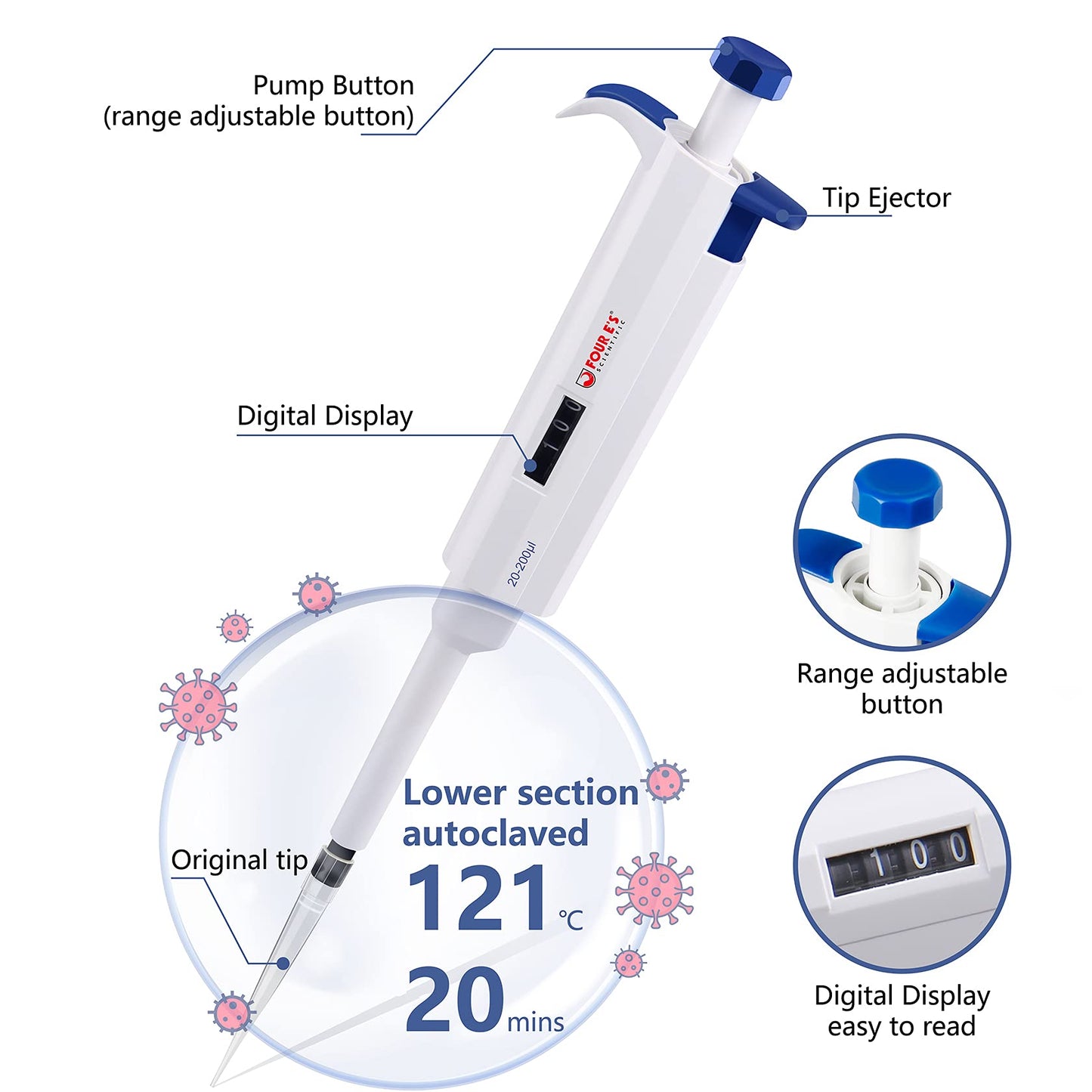 FOUR E'S SCIENTIFIC 100uL-1000uL High-Accurate Single-Channel Manual Adjustable Variable Volume Pipettes
