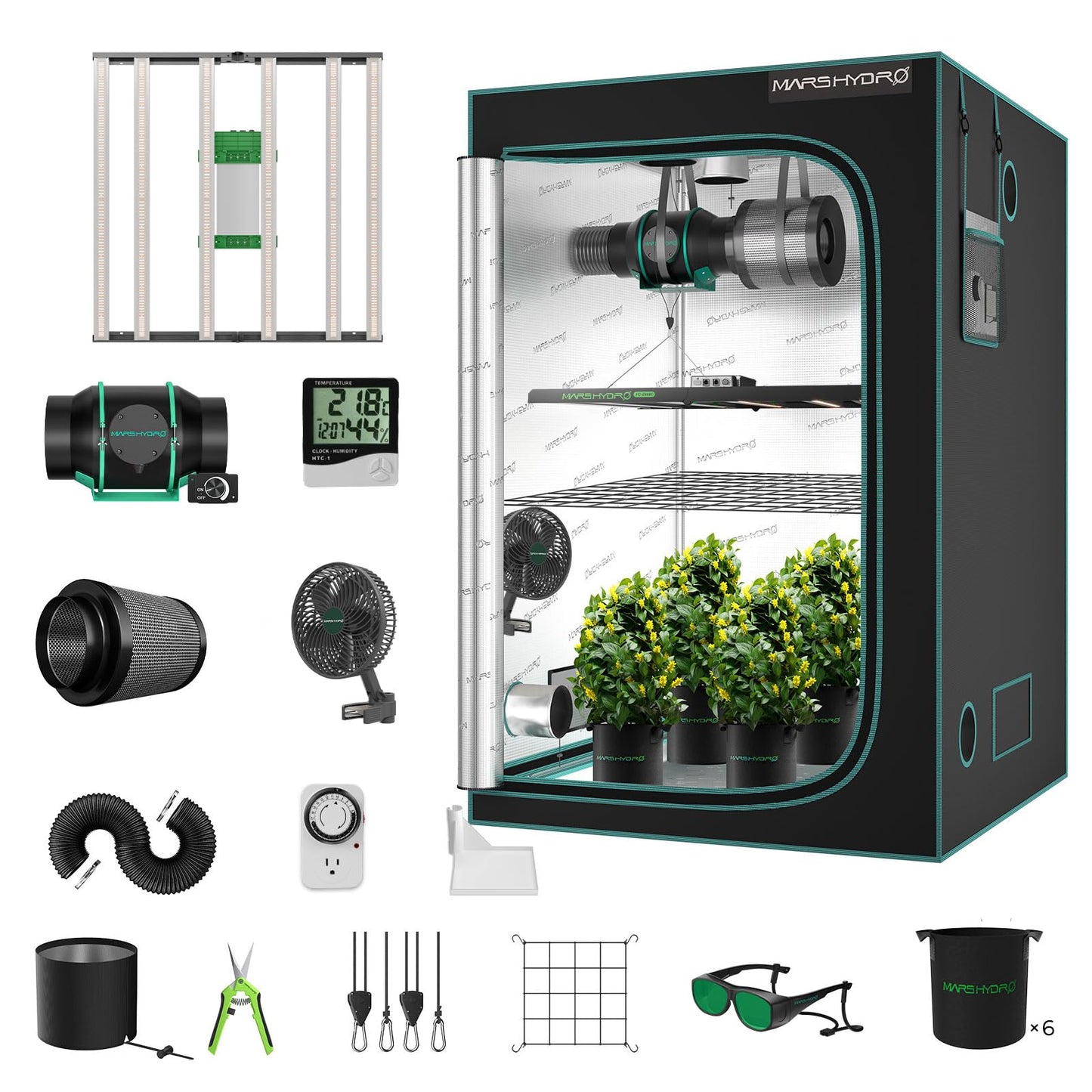 MARS HYDRO 4x4 Smart Grow Tent Kit Complete System,480W FC-E4800 APP WIFI Control Light 2646pcs LED,1680D High Reflective Mylar,with 6inch 32dB,402CFM Adjustable Ventilation Kit,10 Speed Grow Tent Fan