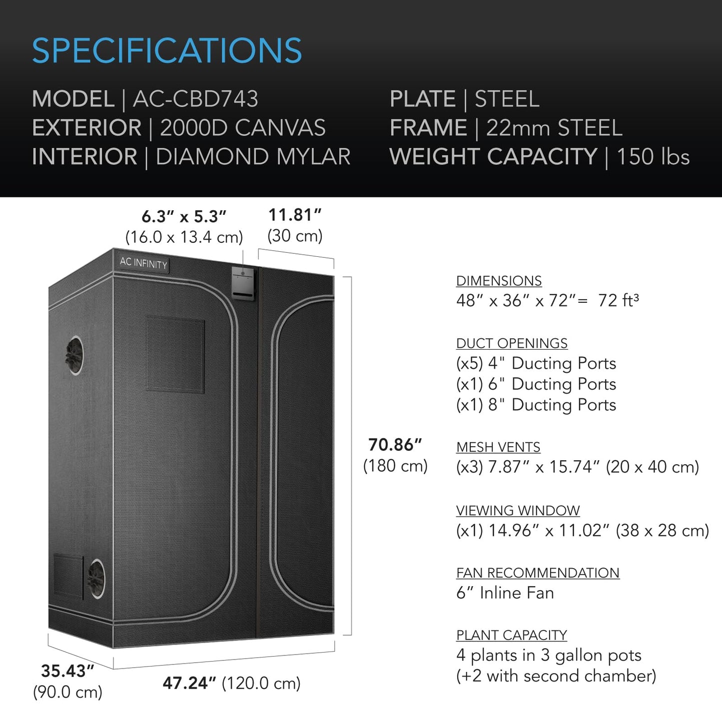 AC Infinity CLOUDLAB 864D 2-in-1 Advance Grow Tent, 60"x48"x80" Thickest 1 in. Poles, Highest Density 2000D Diamond Mylar Canvas, 5x4 for Hydroponics Indoor Growing